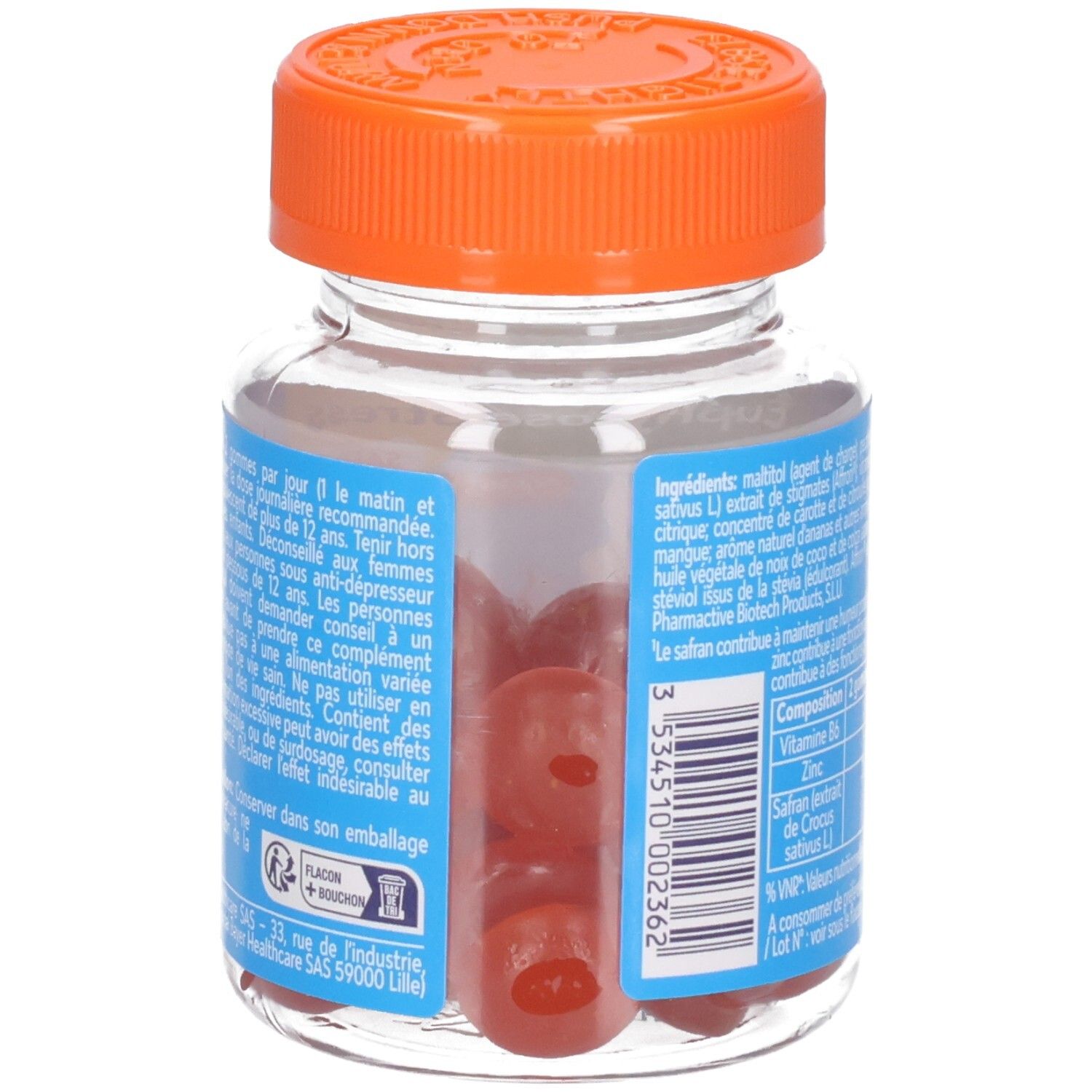 Vue latérale du pot EUPHYTOSE STRESS Safran Gommes, gommes rouges visibles.