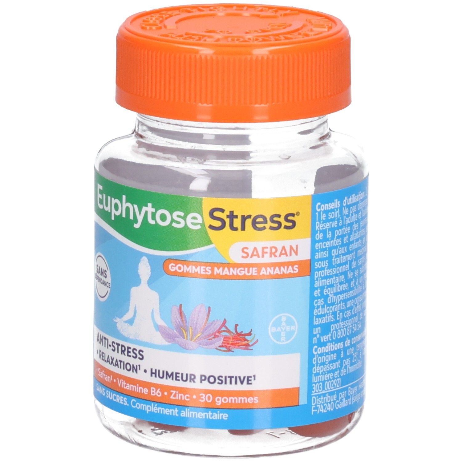 EUPHYTOSE STRESS Safran Gommes: Pot de 30, bouchon orange, étiquette avec silhouette méditative et safran.
