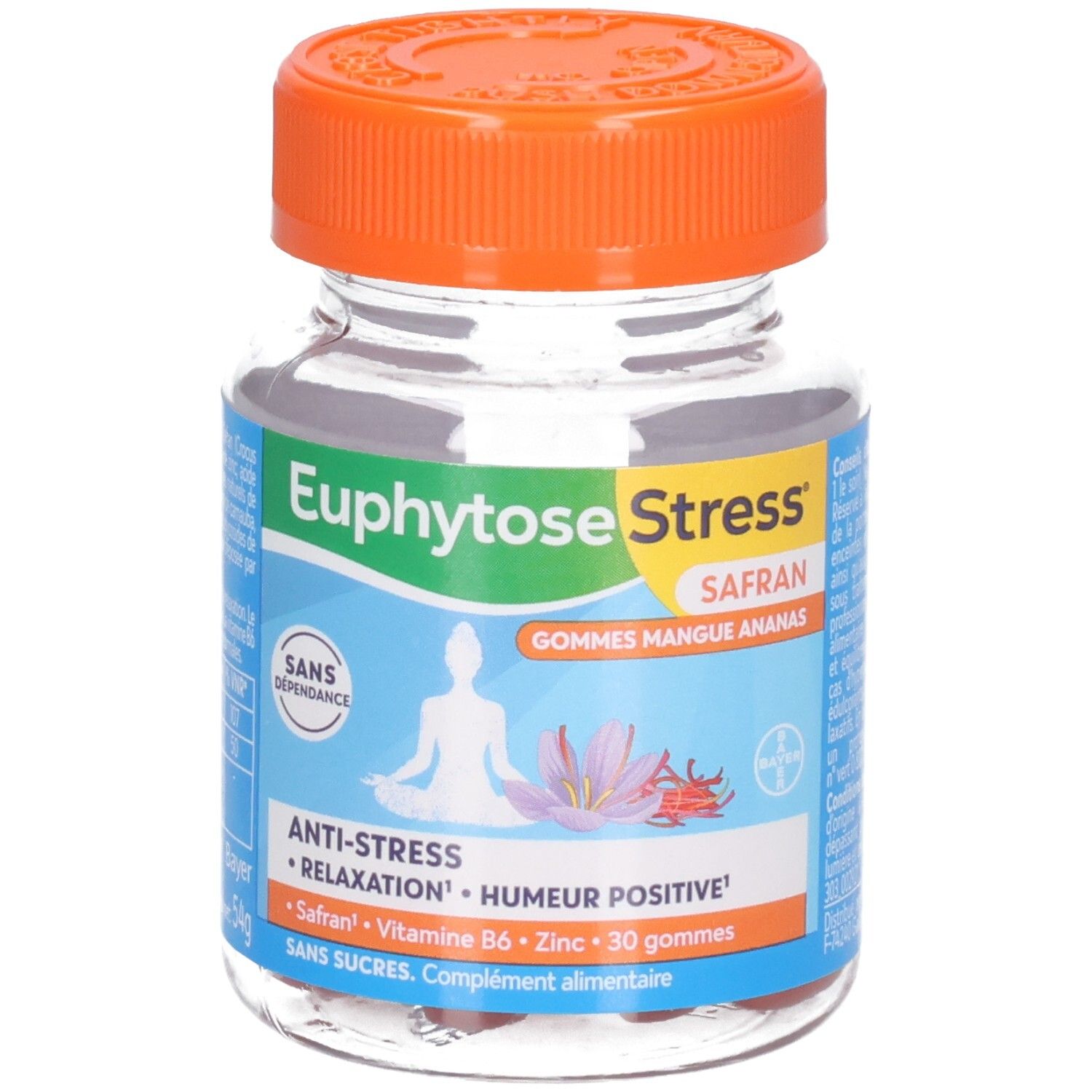 EUPHYTOSE STRESS Safran Gommes: Pot de 30, bouchon orange, étiquette avec silhouette méditative et safran.