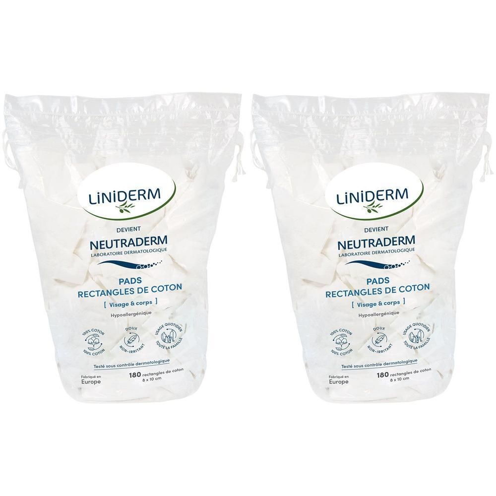 Deux sachets transparents de tampons en coton. Inscription : Neutraderm, Pads, rectangles de coton. 180 unités.