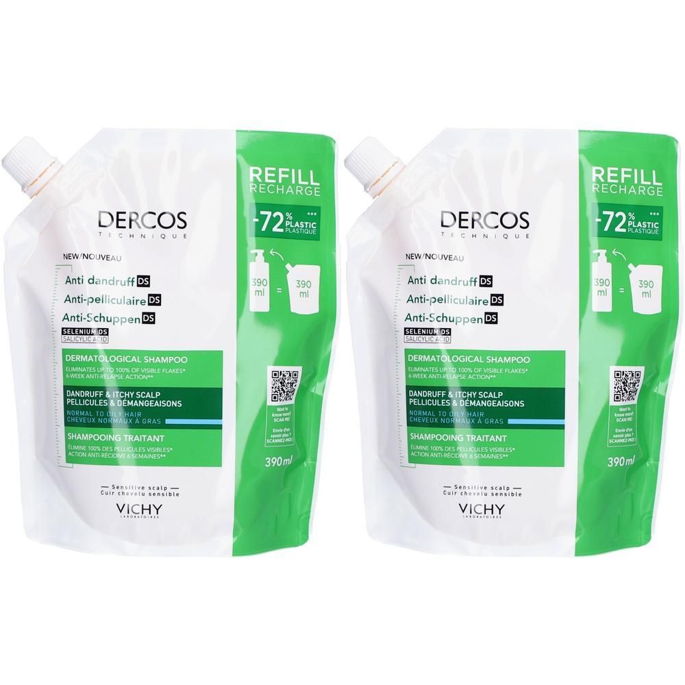 Deux recharges blanches avec détails verts. Inscription: DERCOS, shampooing antipelliculaire, 390 ml. 72% plastique recyclé.