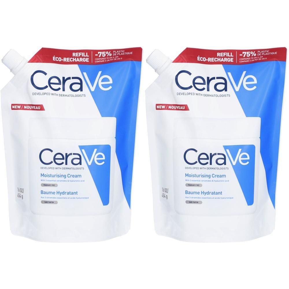 Deux recharges CeraVe Baume Hydratant. Sachets blancs avec accent bleu, texte et logo.