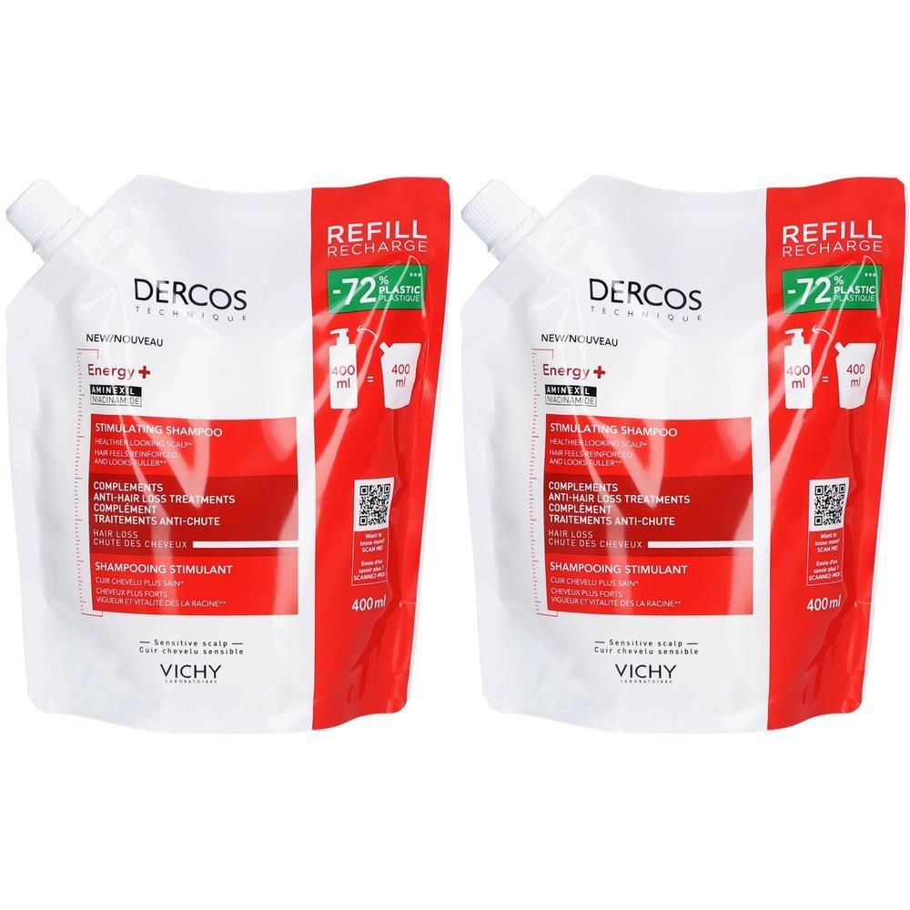Deux recharges blanches avec accents rouges. Inscriptions: DERCOS, Energy+, Shampooing Stimulant, VICHY. Indication de 400 ml.