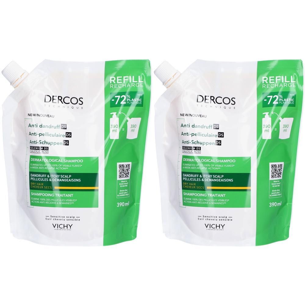 Deux recharges de shampooing DERCOS. Emballage blanc et vert. Texte: Anti-pelliculaire, 390ml. Mention REFILL RECHARGE.