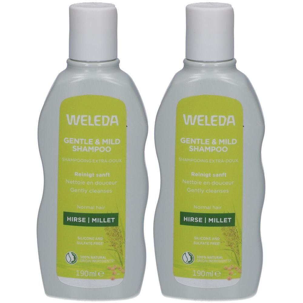 Deux flacons de shampooing. Inscription: WELEDA GENTLE & MILD SHAMPOO. Au millet. Flacons avec bouchon blanc et étiquette verte.