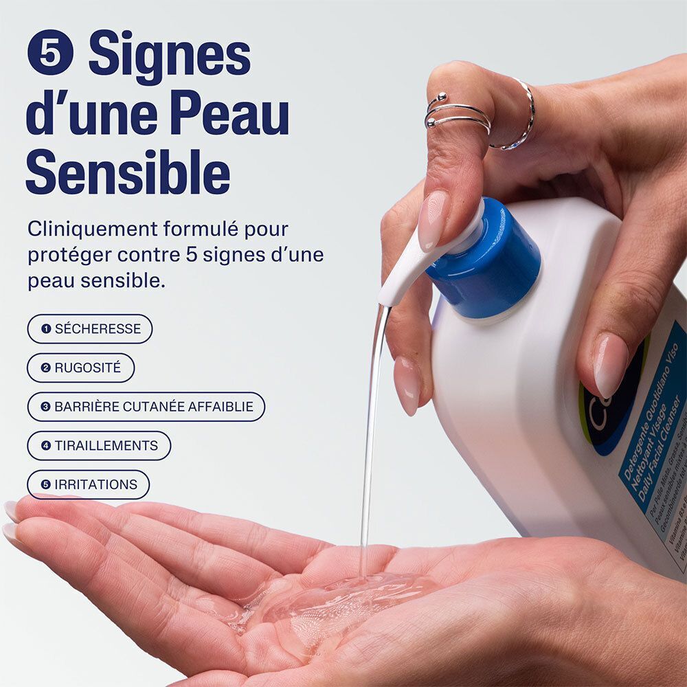 Main distribuant du nettoyant Cetaphil. Texte: 5 Signes d'une Peau Sensible. Bouteille de produit avec pompe bleue.