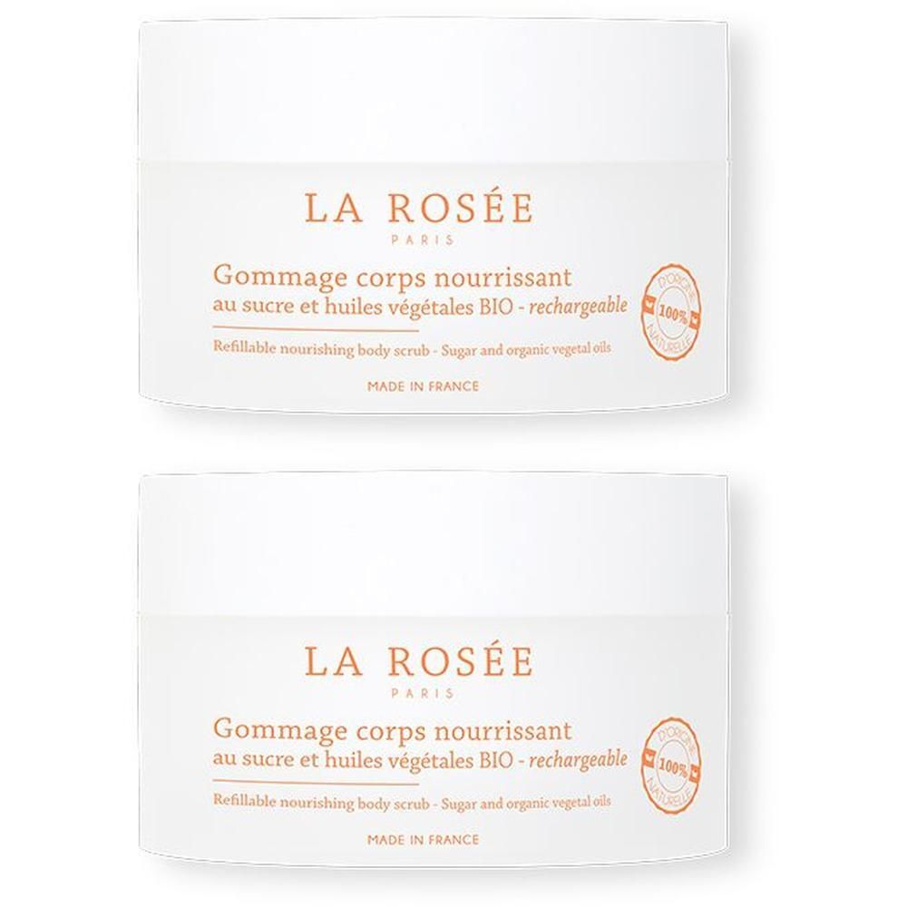 Deux pots blancs avec couvercles. Inscription: LA ROSÉE PARIS, Gommage corps nourrissant, au sucre et huiles végétales BIO. Avec sceau 100%.