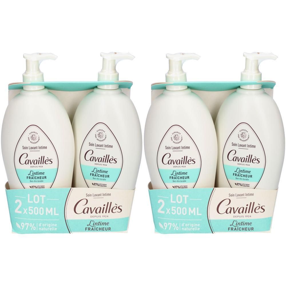 Deux lots de soin lavant intime. Chaque lot contient deux flacons avec pompe. Inscription : Cavaillès, L'intime Fraîcheur.