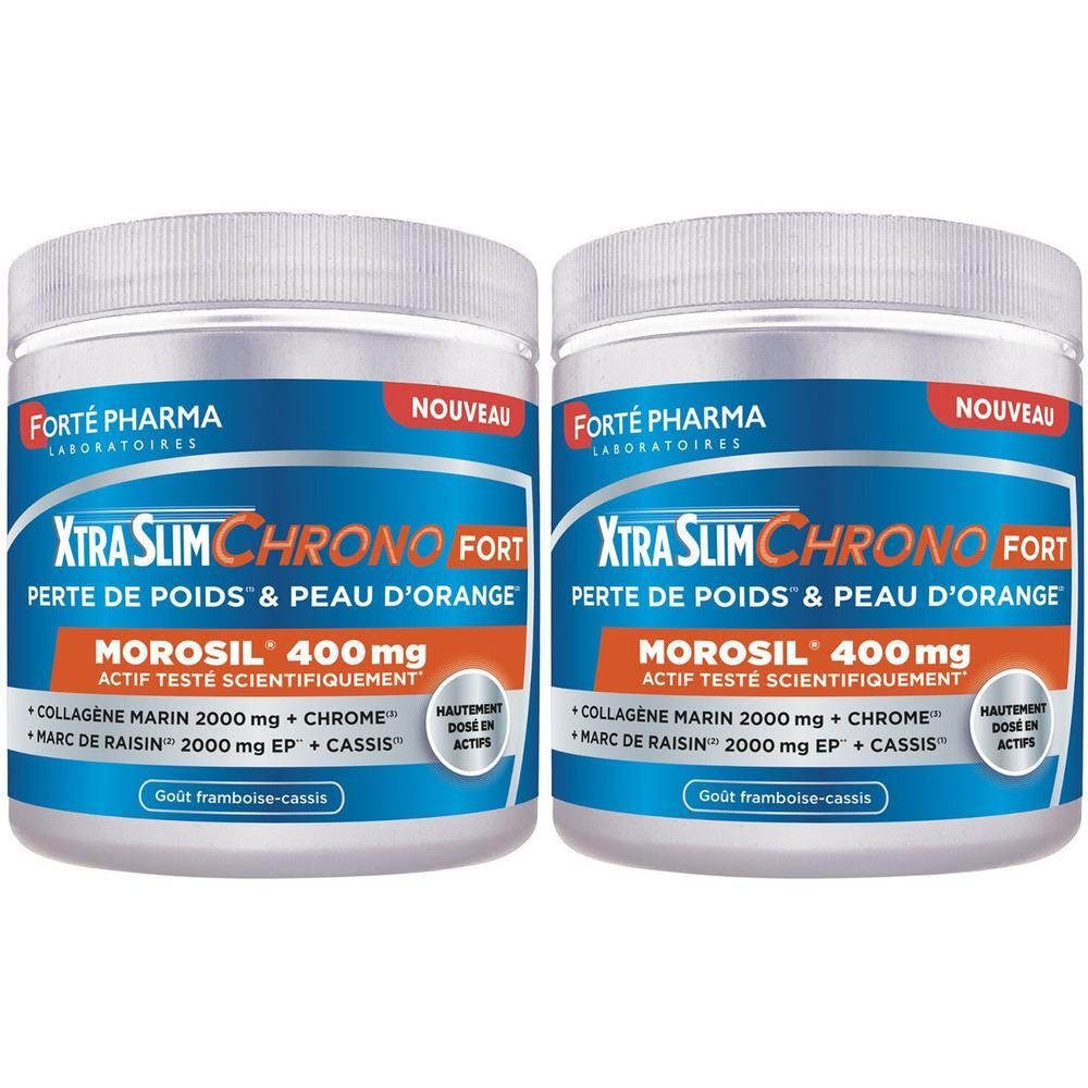 Deux boîtes XtraSlim Chrono Fort. Boîtes blanches avec étiquette bleu-orange. Texte: MOROSIL 400 mg, Perte de poids & peau d'orange.
