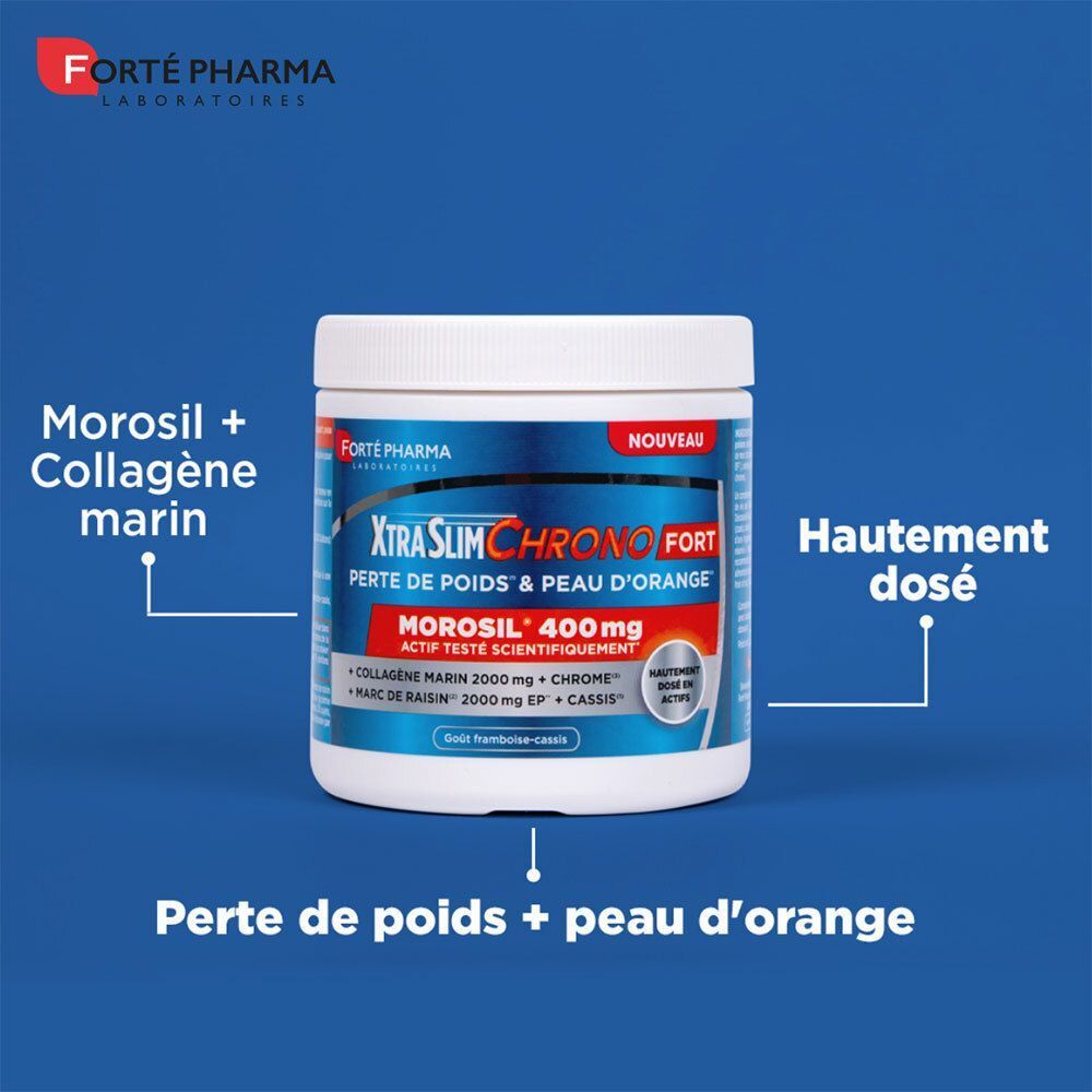 Boîte XtraSlim Chrono Fort sur fond bleu. Texte: MOROSIL 400 mg, Perte de poids + peau d'orange, Hautement dosé.
