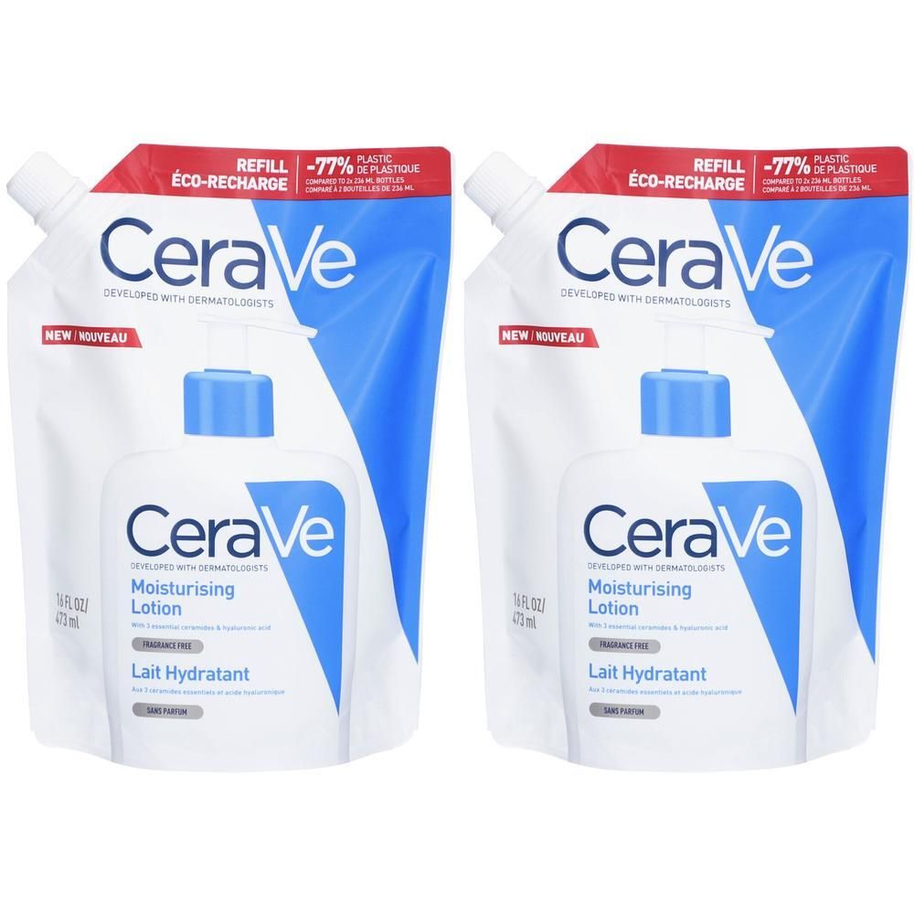 Deux recharges CeraVe Lait Hydratant. Emballage blanc et bleu avec détails rouges. Recharge écologique. Réduction plastique.