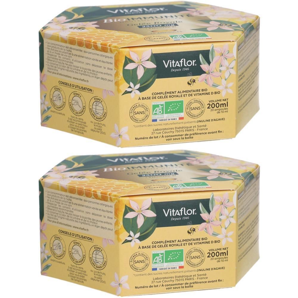 Deux boîtes hexagonales. Inscription: Vitaflor, complément alimentaire, gelée royale et vitamine D. Avec label AB bio. Volume: 200ml.