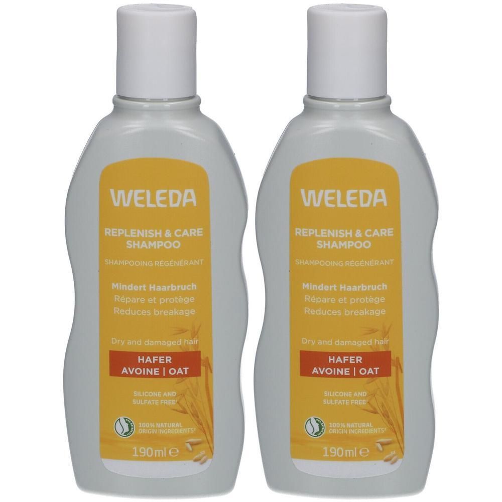 Deux flacons de shampooing. Étiquette jaune avec "WELEDA", "REPLENISH & CARE SHAMPOO", "HAFER | AVOINE | OAT". 190ml.