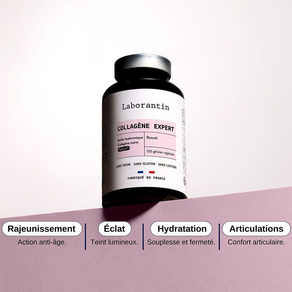 Flacon noir, couvercle argenté. Étiquette "Laborantin Collagène Expert". Quatre encadrés avec bénéfices.