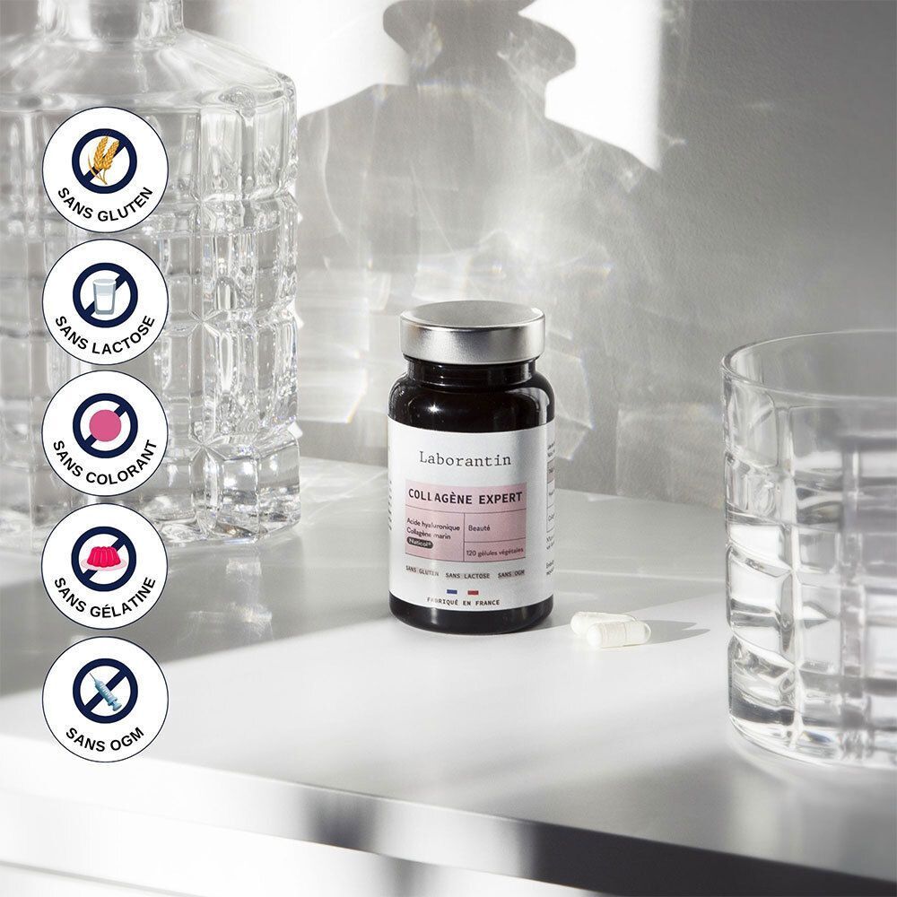 Flacon "Laborantin Collagène Expert" avec symboles : sans gluten, sans lactose, sans colorant, sans gélatine, sans OGM.