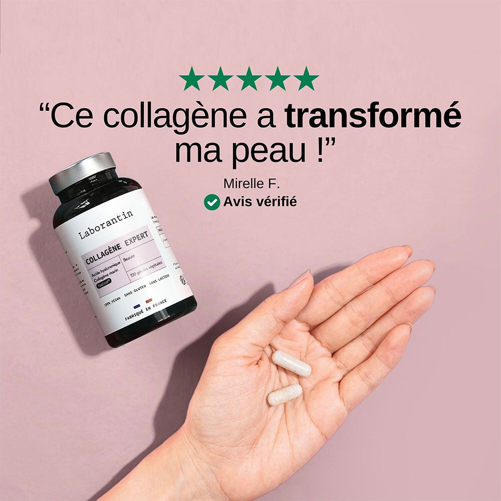 Une main tenant deux gélules de Laborantin Collagène Expert. À côté, un flacon et un avis client : 'Ce collagène a transformé ma peau !'