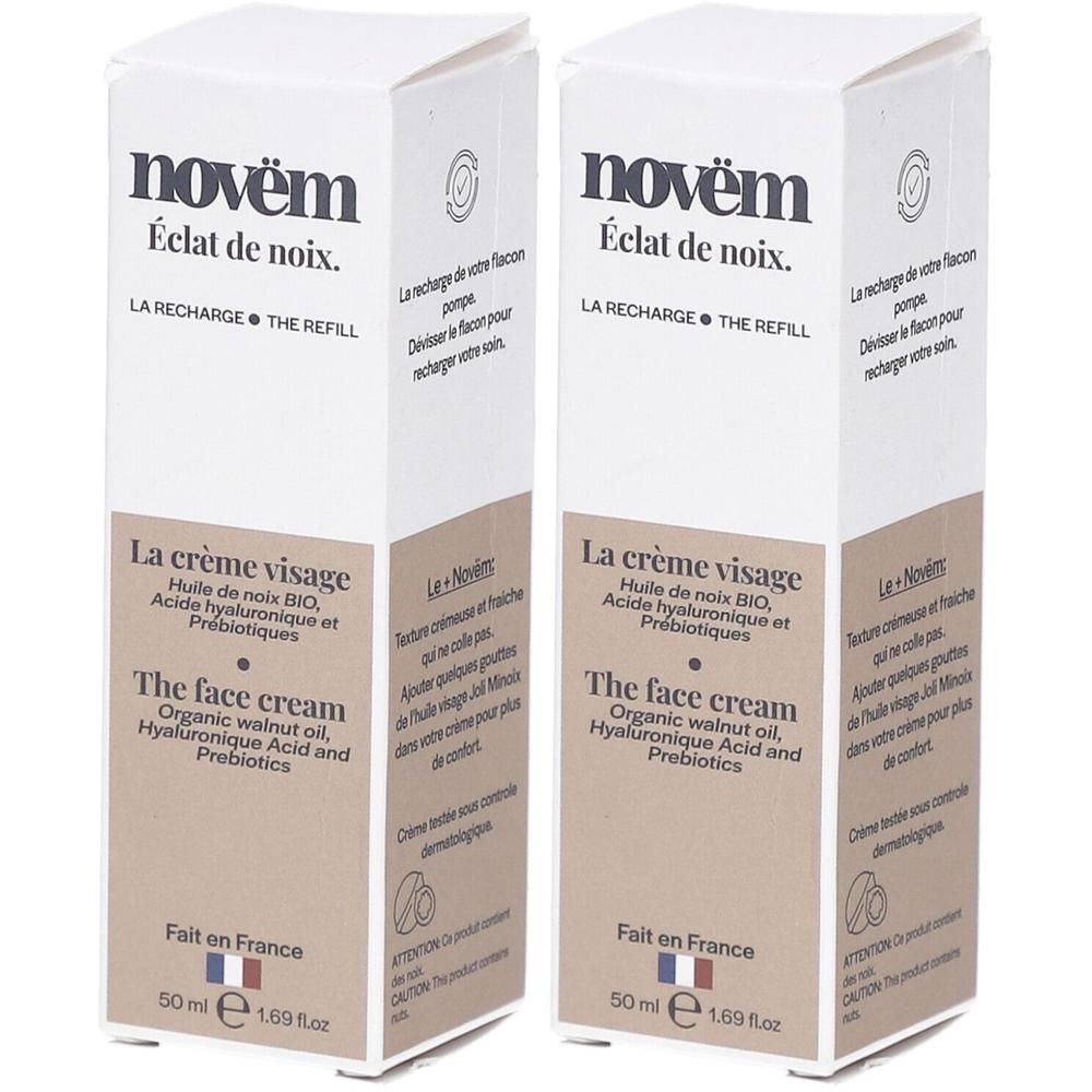 Deux boîtes blanches avec impression. Inscription : NOVEM, Éclat de noix, La crème visage, The face cream. 50 ml.