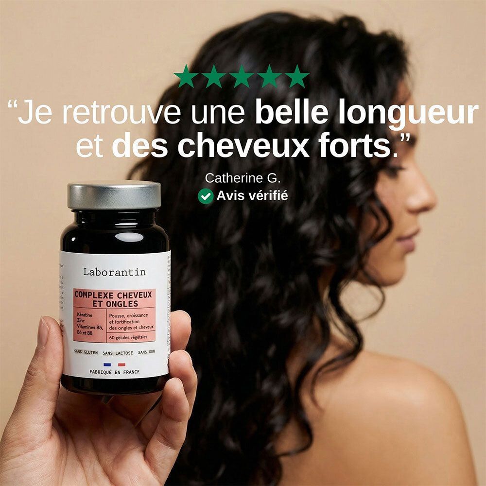 Flacon Laborantin Complexe Cheveux et Ongles. Citation: Je retrouve une belle longueur et des cheveux forts.