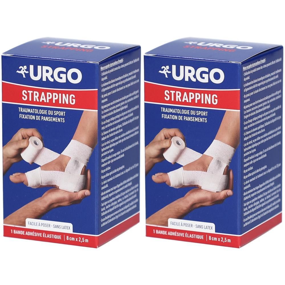 Deux boîtes bleues avec bandage blanc. Inscription : URGO STRAPPING. 8cm x 2,5m. Illustration : bandage de pied.