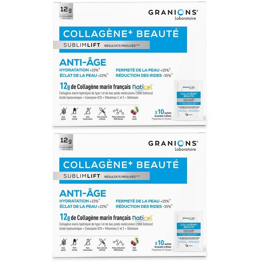 Deux boîtes de Granions Collagène+ Sublimlift. Chaque boîte contient 10 sachets. Inscription: Anti-Âge, 12g Collagène marin français.