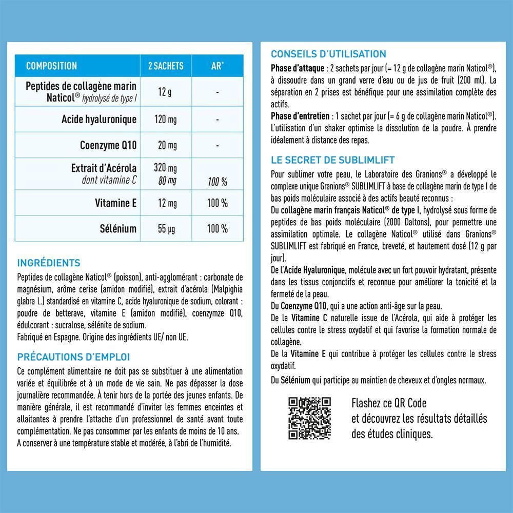 Tableau des ingrédients et conseils d'utilisation. Contient: collagène, acide hyaluronique, coenzyme Q10, vitamines C, E et sélénium.