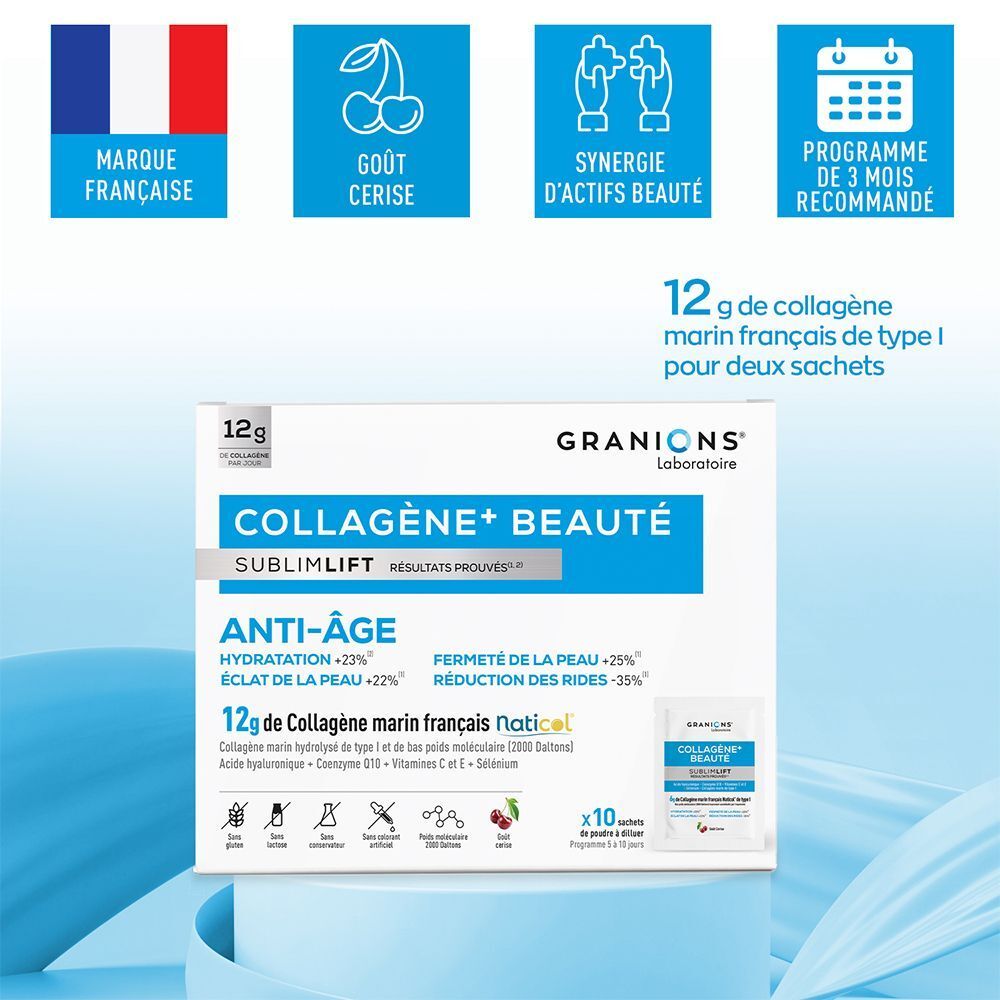 Graphique avec drapeaux français, cerises, symboles et texte. Contient: 12g Collagène marin français pour deux sachets.