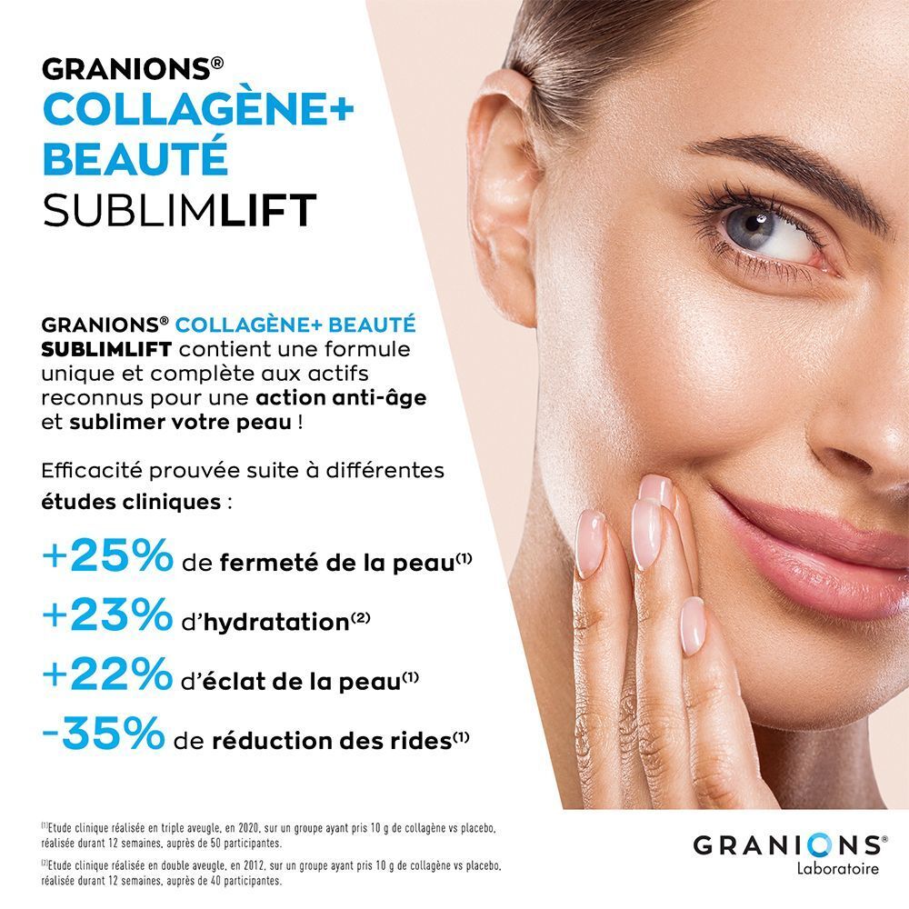 Femme touchant son visage. Texte: Granions Collagène+ Beauté Sublimlift. Résultats études cliniques: +25% fermeté, +23% hydratation.
