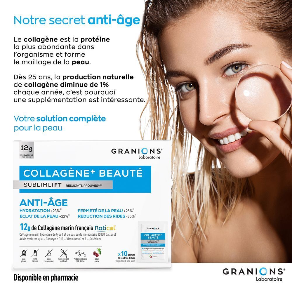 Femme avec produit. Texte: Granions Collagène+ Beauté Sublimlift. 12g collagène. Disponible en pharmacie.