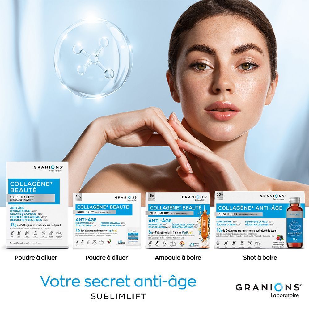 Différentes formes: poudre, ampoules et shots. Texte: Granions Collagène+ Beauté Sublimlift.