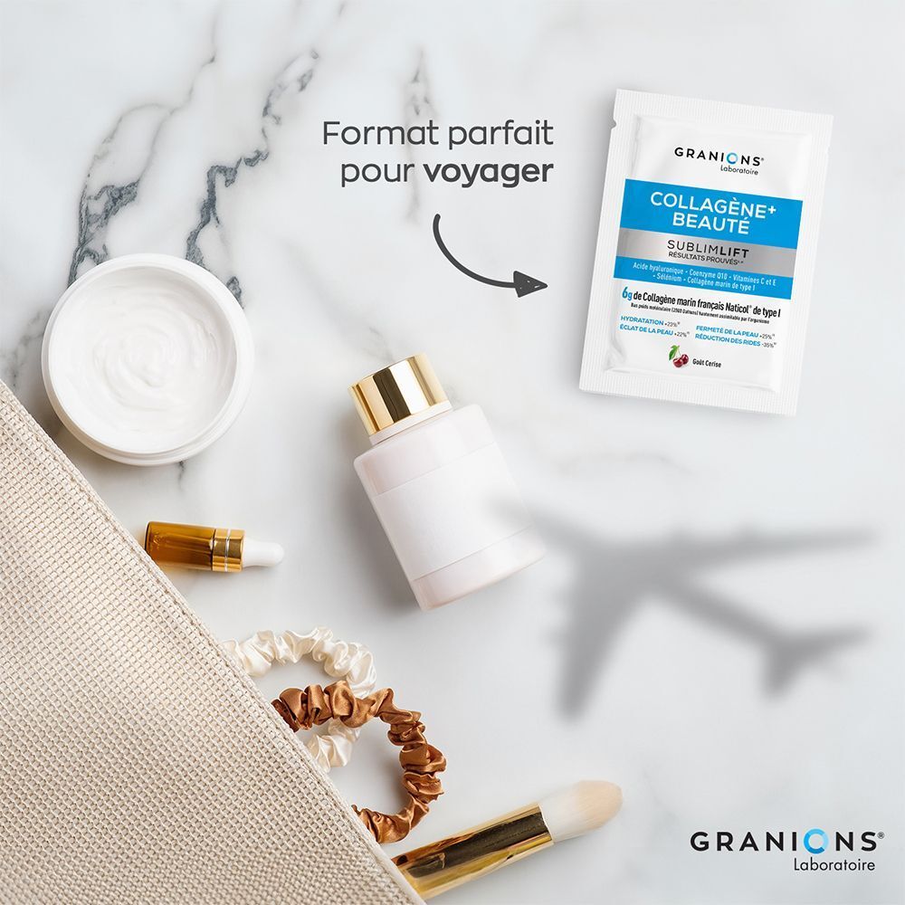 Trousse de voyage avec produits. Contient: sachet Granions Collagène+ Sublimlift, crème, flacon, pinceau et élastiques.