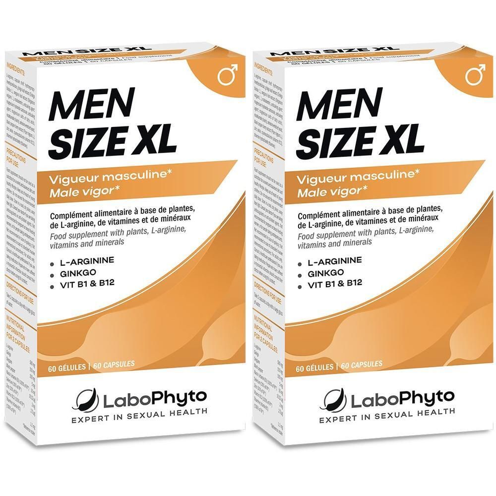 Deux boîtes "MEN SIZE XL". Inscription "Vigueur masculine". Contient 60 gélules. Marque Labophyto. Complément alimentaire.
