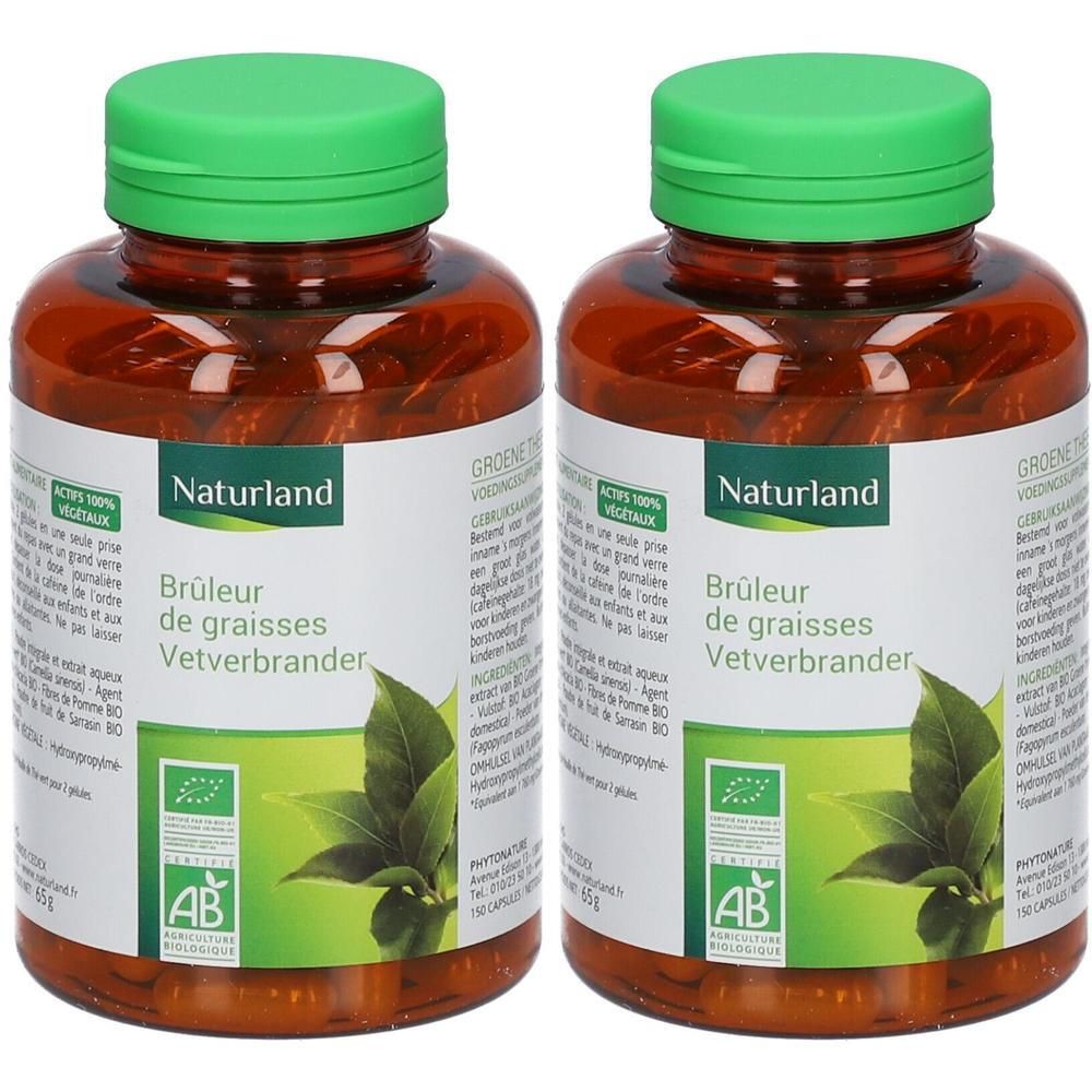 Deux flacons bruns avec des bouchons verts. Étiquettes avec "Naturland" et "Brûleur de graisses Vetverbrander". Label AB bio.