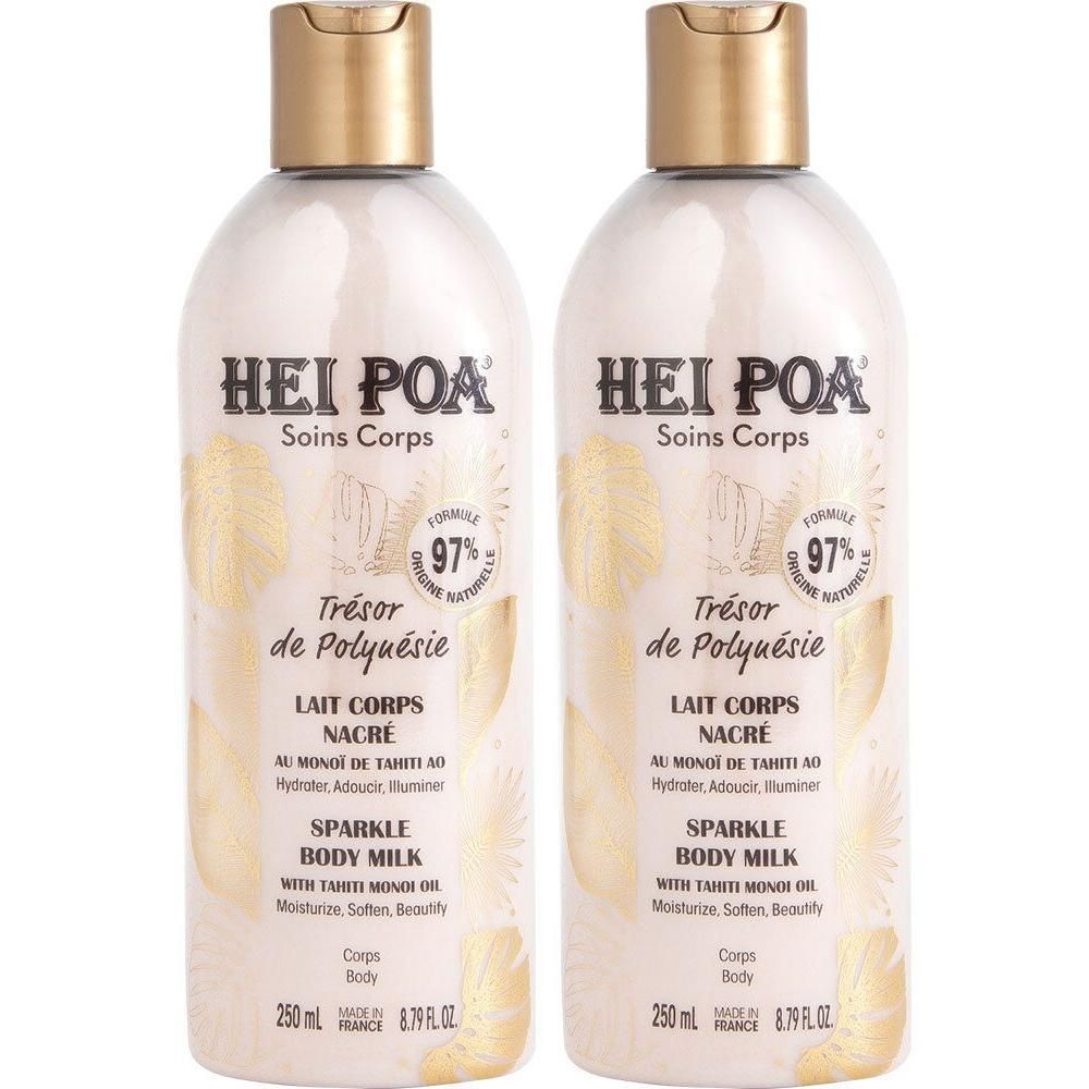 Deux flacons avec bouchon doré. Inscription: HEI POA, Soins Corps, Trésor de Polynésie, Lait Corps Nacré, Sparkle Body Milk. 250ml.