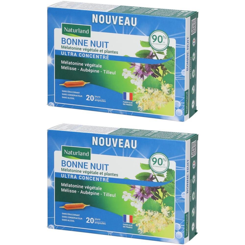Deux boîtes "BONNE NUIT". Emballage bleu avec nom du produit, ingrédients et "NOUVEAU". Contient 20 ampoules. Marque Naturland.