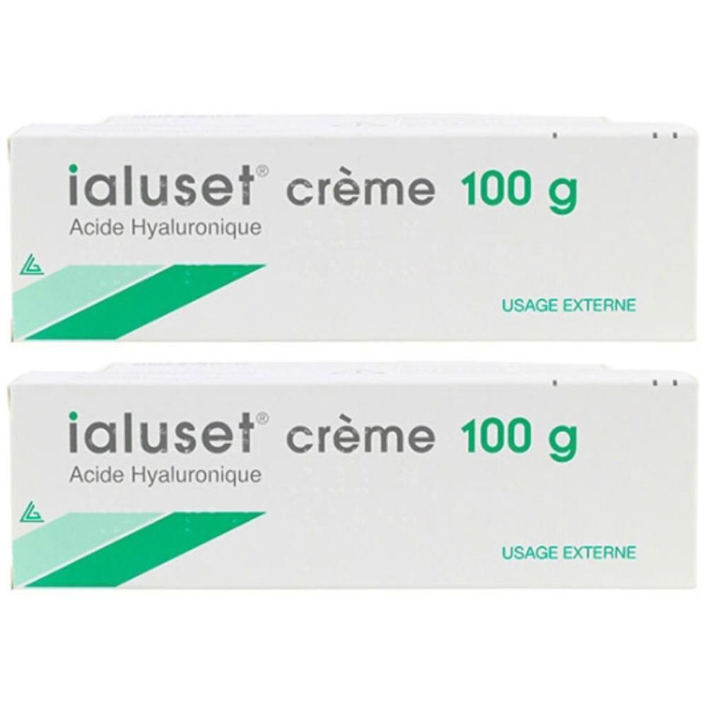 Deux boîtes blanches avec texte vert. Inscription: Ialuset crème, 100 g, Acide Hyaluronique, Usage Externe.