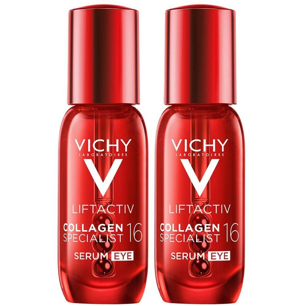Deux flacons rouges de sérum. Chaque flacon porte l'inscription "Vichy Liftactiv Collagen Specialist 16 Serum Eye".