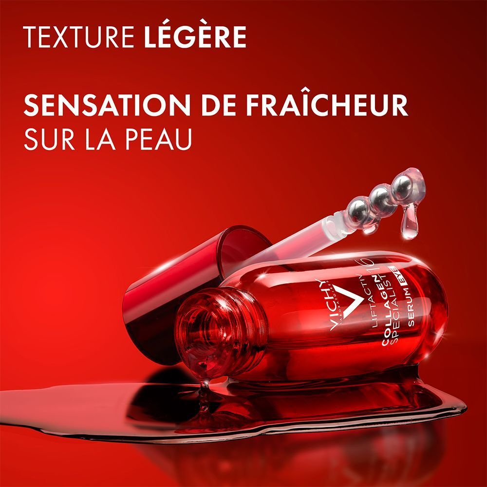 Flacon de sérum rouge et applicateur. Texte : "Vichy Liftactiv Collagen Specialist 16 Serum Eye". Texte : "Texture légère".