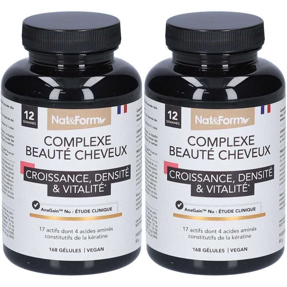 Deux flacons noirs. Inscription: COMPLEXE BEAUTÉ CHEVEUX, CROISSANCE, DENSITÉ & VITALITÉ. 168 gélules, vegan.