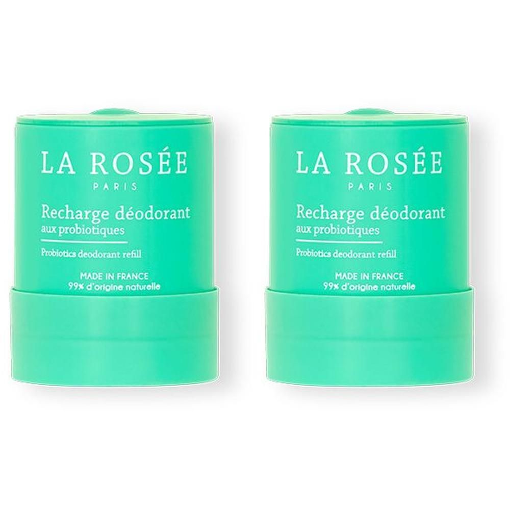 Deux recharges de déodorant vertes. Inscription : LA ROSÉE PARIS, Recharge déodorant aux probiotiques, Probiotica deodorant refill, Made in France.