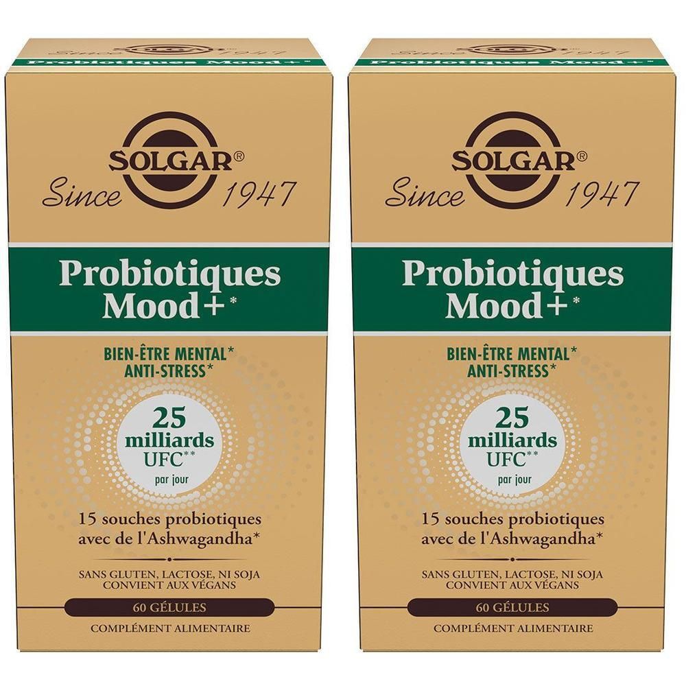Deux boîtes de SOLGAR Probiotiques Mood+. Emballage beige-brun avec nom et logo. Texte: 25 milliards UFC, 60 gélules.
