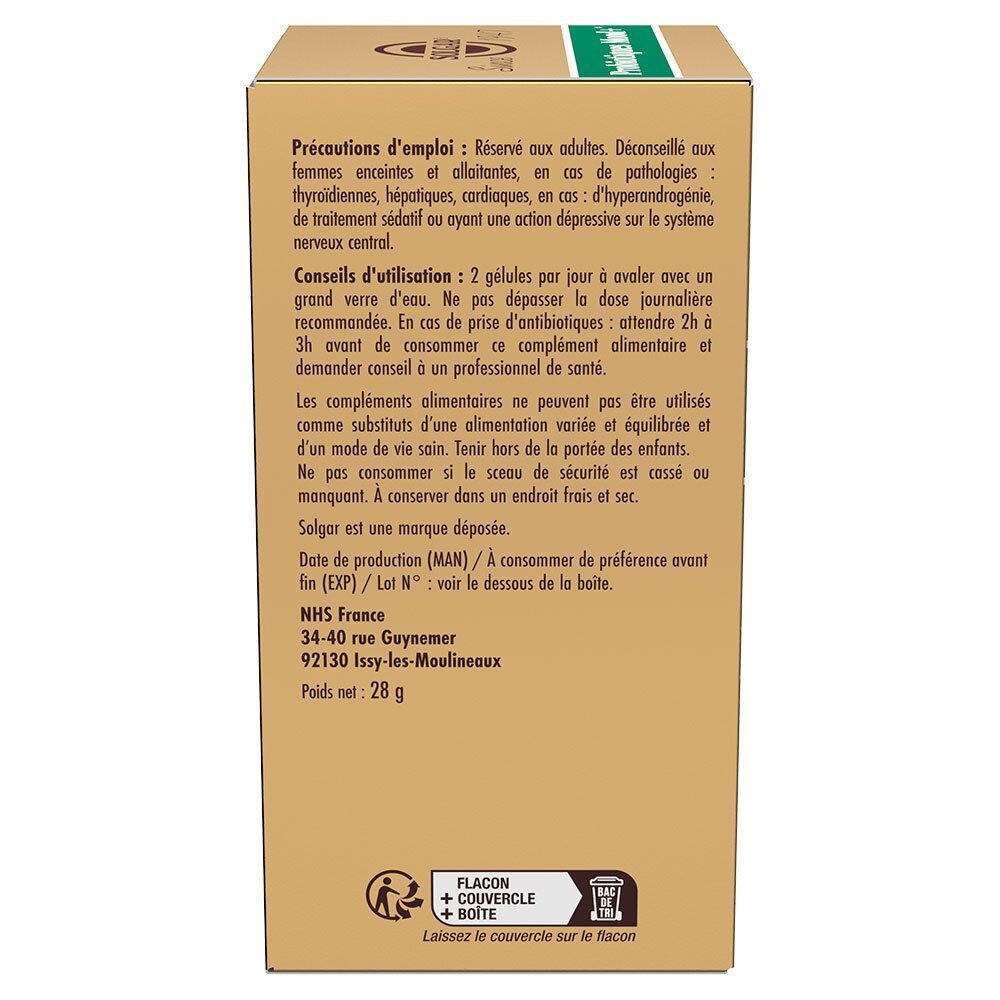 Dos de l'emballage SOLGAR Probiotiques Mood+. Carton beige-brun avec texte. Contient précautions et instructions d'utilisation.