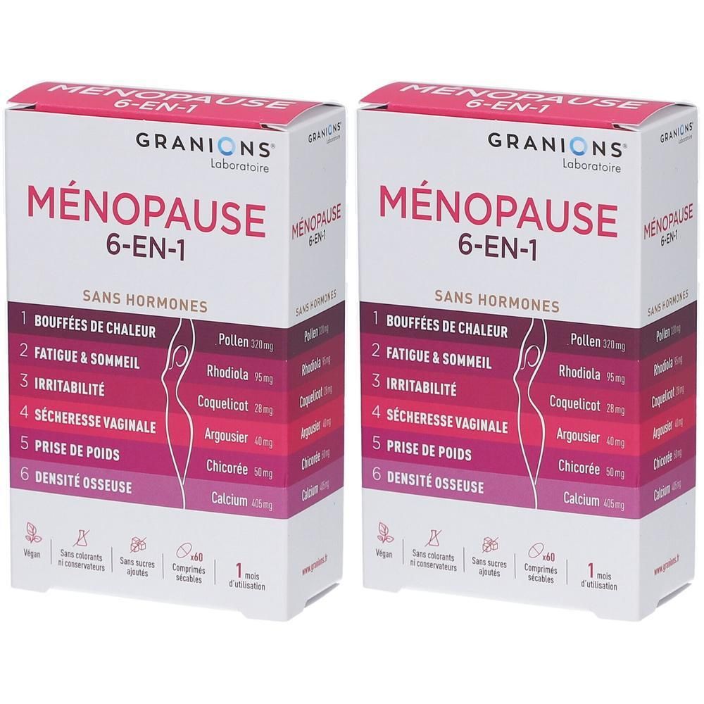 Deux boîtes rectangulaires "Ménopause 6-EN-1". Ingrédients et logo Granions Laboratoire visibles. Sans hormones. Liste des symptômes et ingrédients.