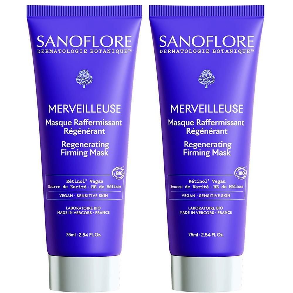 Deux tubes de SANOFLORE MERVEILLEUX MASQUE. Tubes violets avec texte blanc. Texte: Regenerating Firming Mask. Certification Bio.