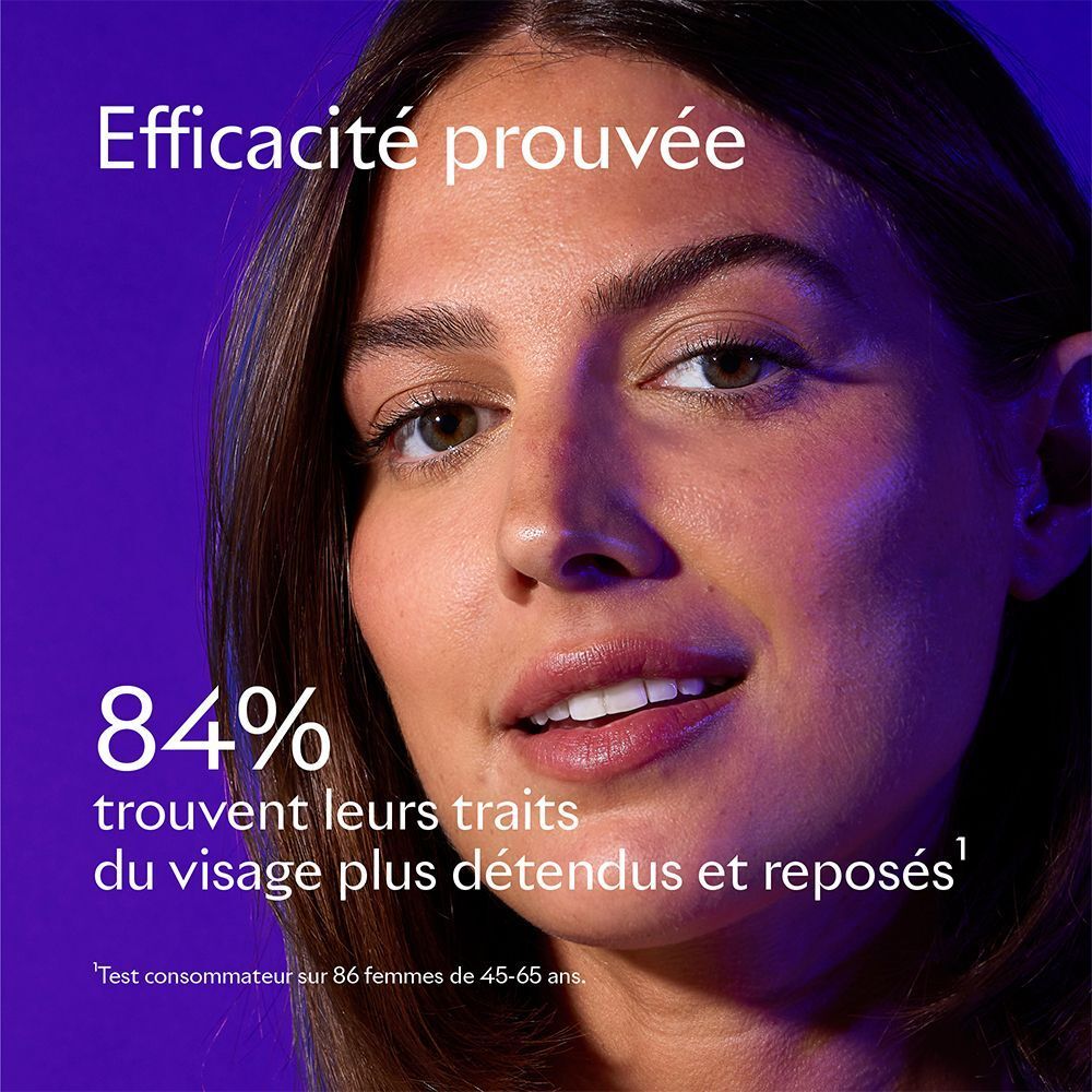 Portrait d'une femme. Texte: 84% trouvent leurs traits plus détendus. Fond violet. Texte: Efficacité prouvée.