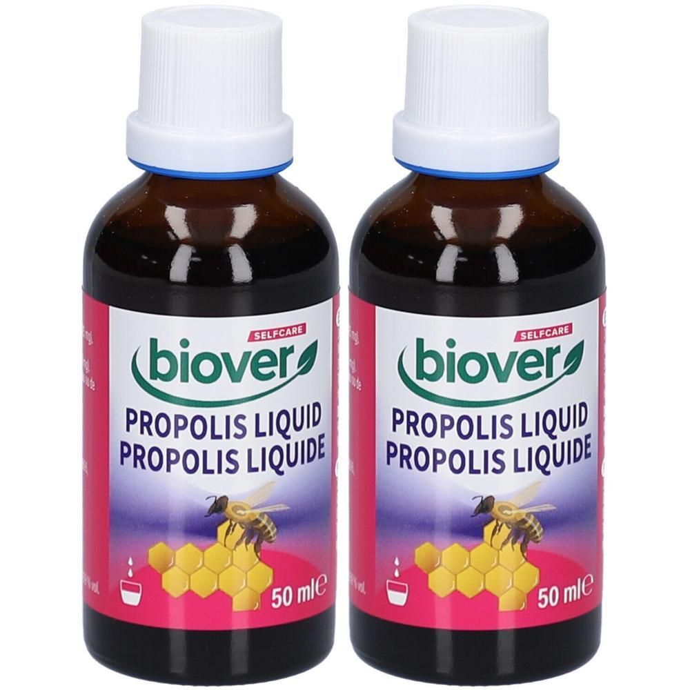 Deux flacons en verre brun avec bouchon blanc. L'étiquette indique "biover PROPOLIS LIQUID". En dessous, une illustration d'abeilles et de rayons de miel.