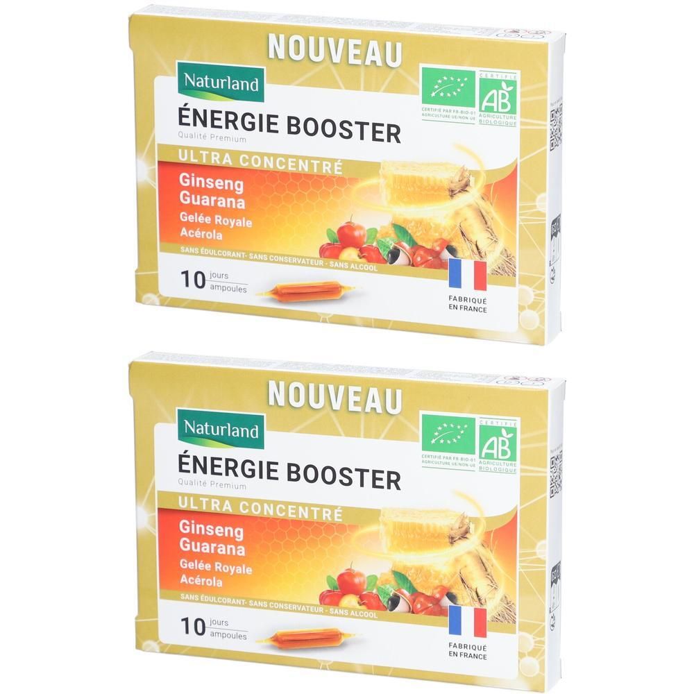 Deux boîtes de "Naturland Énergie Booster". Contient Ginseng, Guarana, Gelée Royale et Acérola. Certification AB et drapeau français.