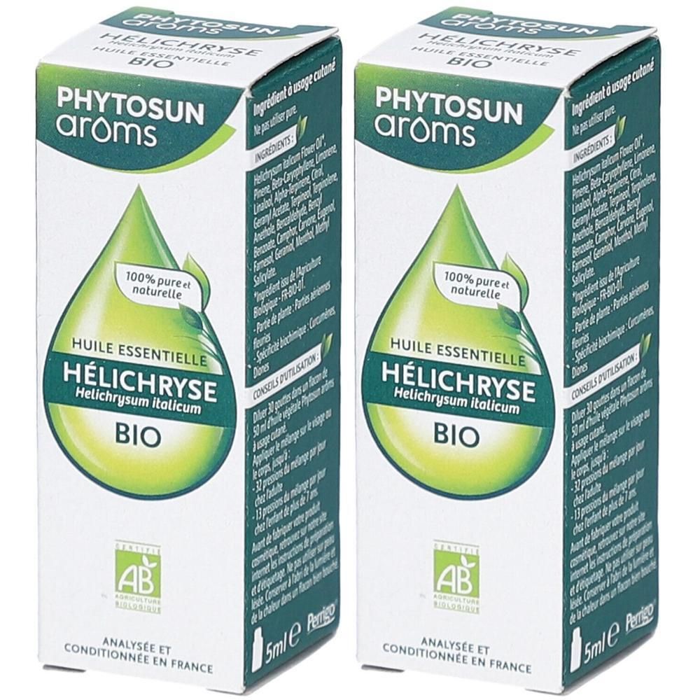 Deux boîtes d'huile essentielle. Inscription: PHYTOSUN arôms, HÉLICHRYSE BIO, label AB, 5ml. Forme de goutte verte avec texte.