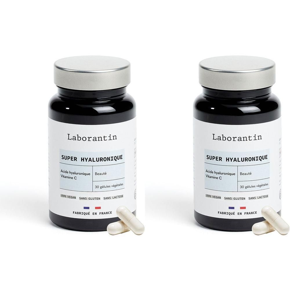 Deux flacons noirs avec couvercles argentés. Étiquettes "Laborantin Super Hyaluronique". Capsules à côté.