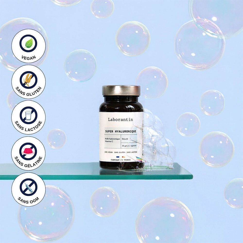 Un flacon noir avec couvercle argenté. Étiquette "Laborantin Super Hyaluronique". Symboles Vegan, Sans gluten, Sans lactose, Sans gélatine, Sans OGM.