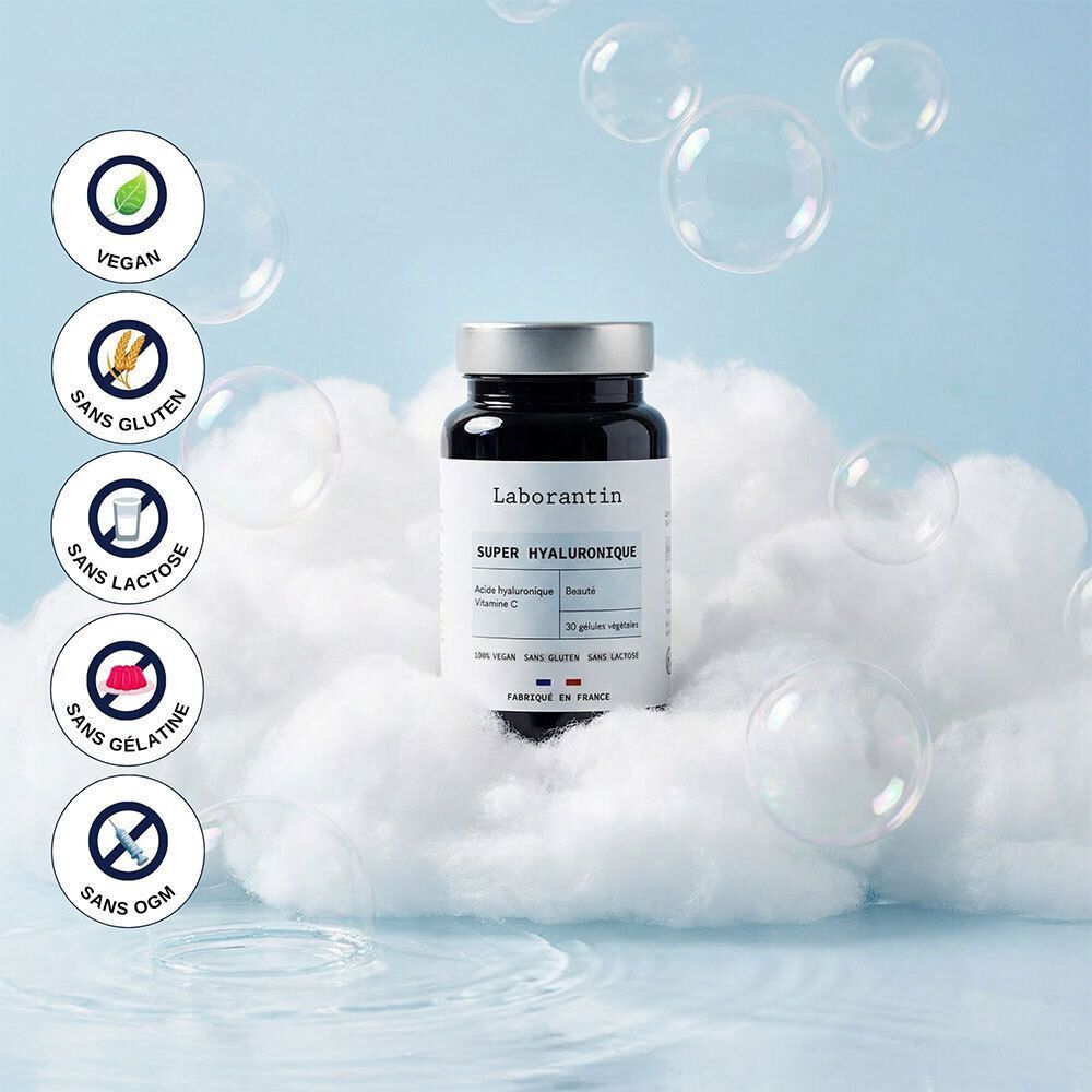 Flacon Laborantin Super Hyaluronique. Symboles: Vegan, sans gluten, sans lactose, sans gélatine, sans OGM.